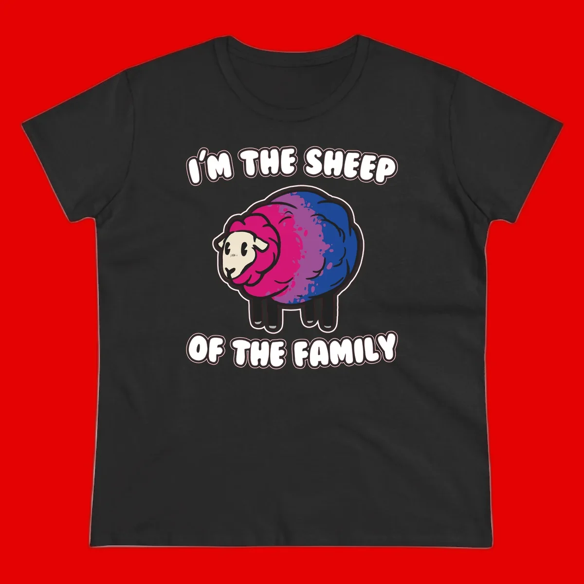 Colorful cartoon sheep with gradient pink, purple, and blue wool, text reads 'I'm the sheep of the family'