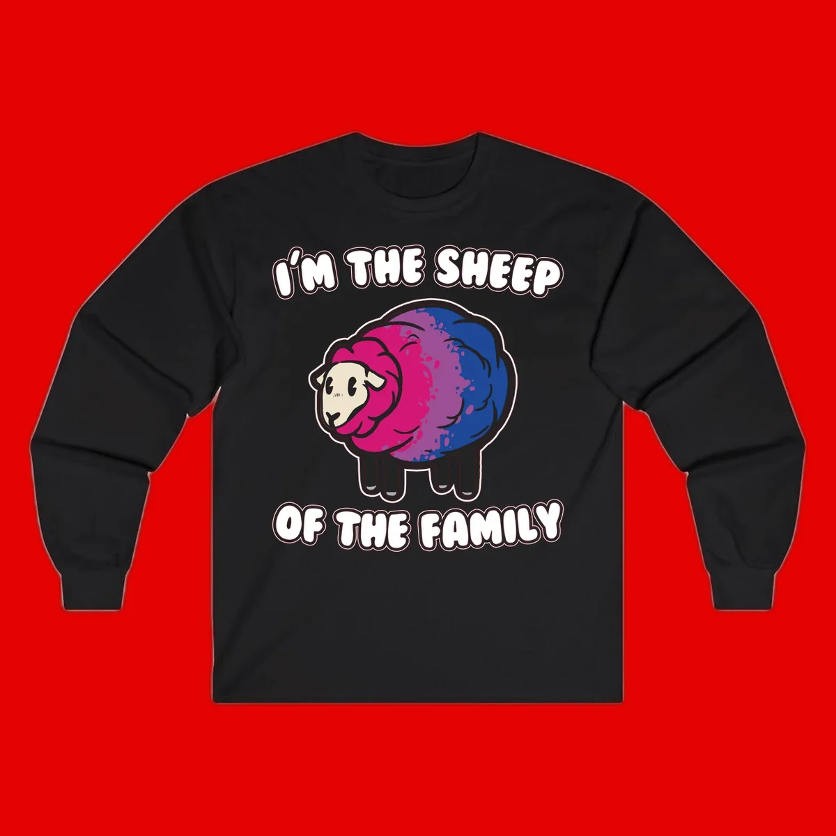 Colorful cartoon sheep with gradient pink, purple, and blue wool, text reads 'I'm the sheep of the family'