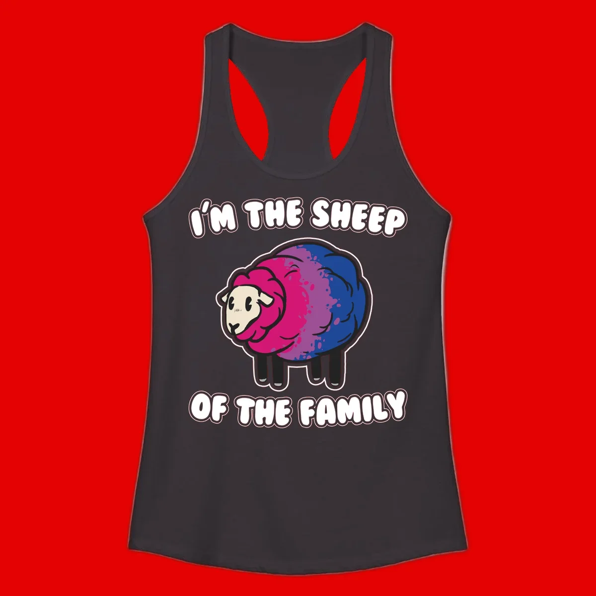 Colorful cartoon sheep with gradient pink, purple, and blue wool, text reads 'I'm the sheep of the family'