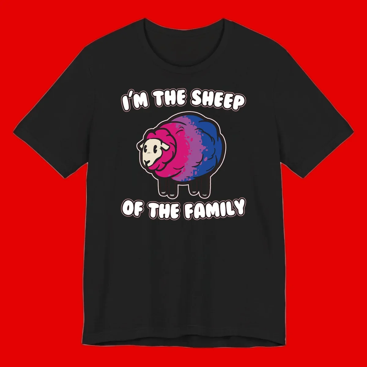 Colorful cartoon sheep with gradient pink, purple, and blue wool, text reads 'I'm the sheep of the family'