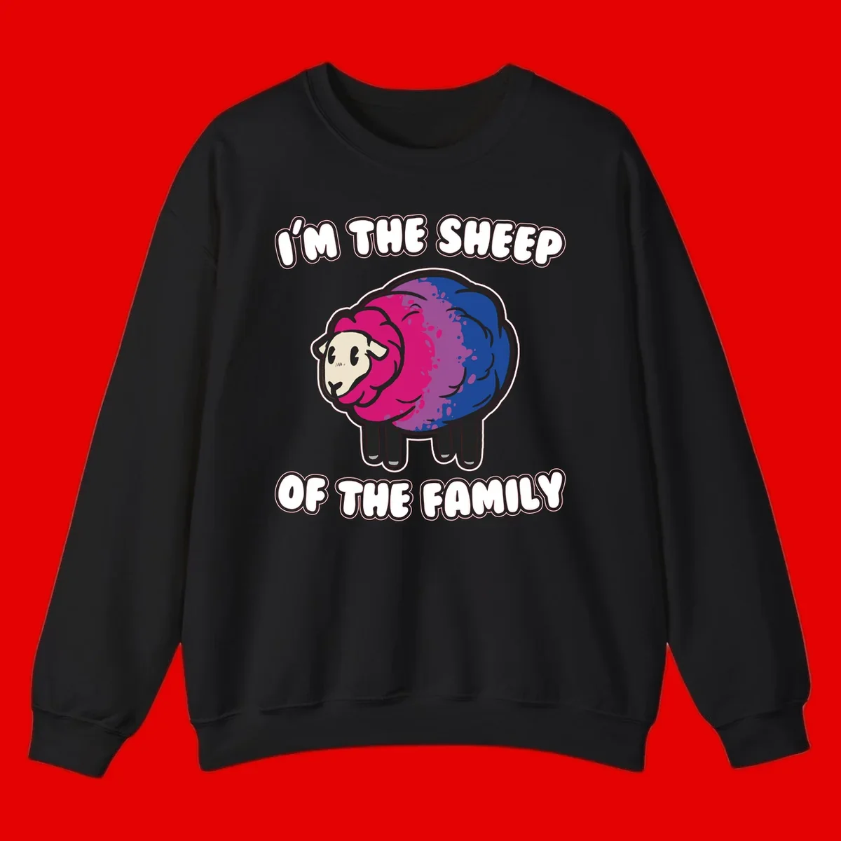 Colorful cartoon sheep with gradient pink, purple, and blue wool, text reads 'I'm the sheep of the family'