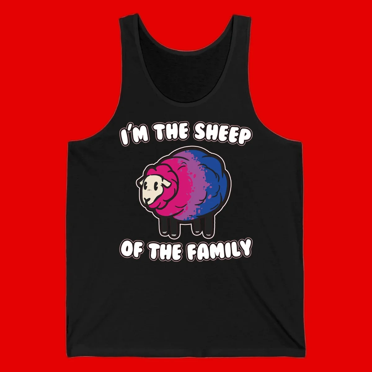 Colorful cartoon sheep with gradient pink, purple, and blue wool, text reads 'I'm the sheep of the family'