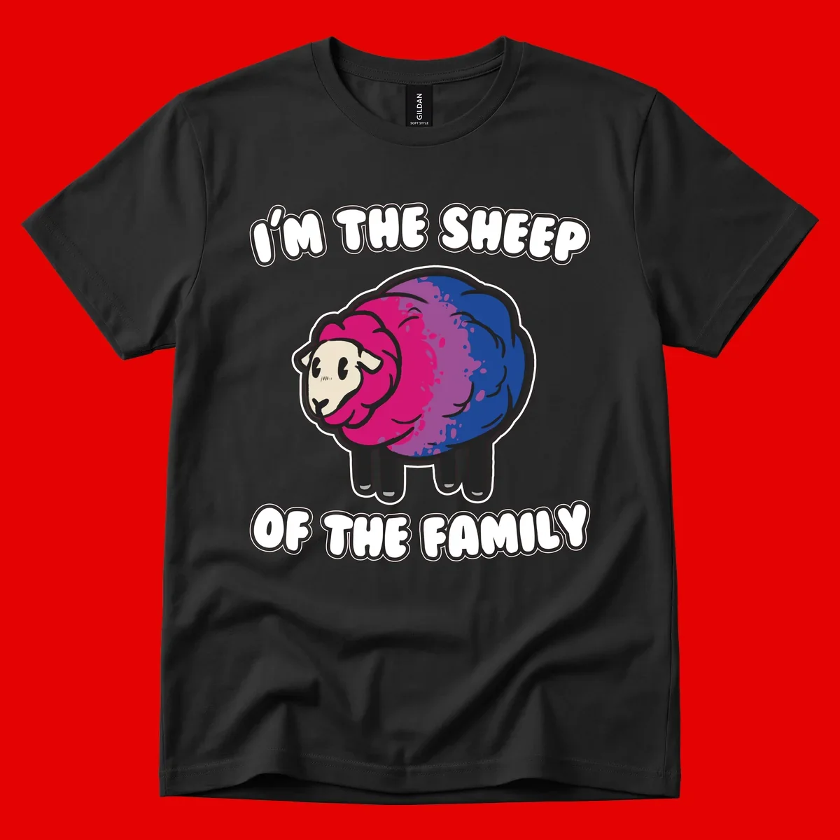 Colorful cartoon sheep with gradient pink, purple, and blue wool, text reads 'I'm the sheep of the family'