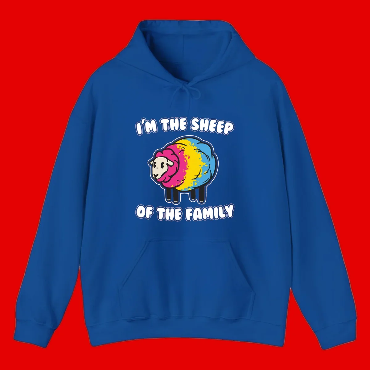 Colorful cartoon sheep with rainbow wool and text 'I'm the sheep of the family' - humorous family joke design