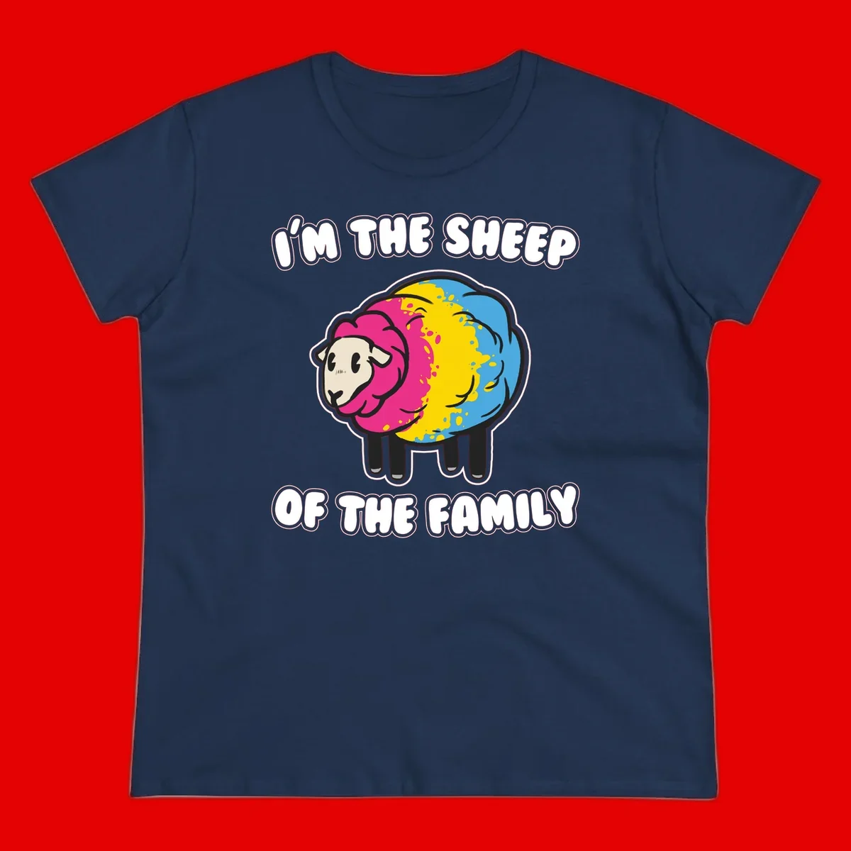 Colorful cartoon sheep with rainbow wool and text 'I'm the sheep of the family' - humorous family joke design