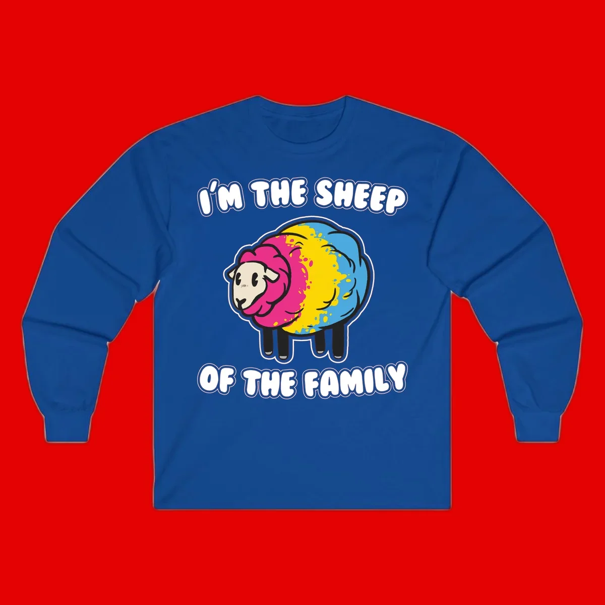 Colorful cartoon sheep with rainbow wool and text 'I'm the sheep of the family' - humorous family joke design