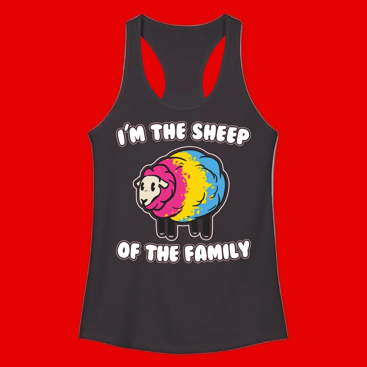 Colorful cartoon sheep with rainbow wool and text 'I'm the sheep of the family' - humorous family joke design