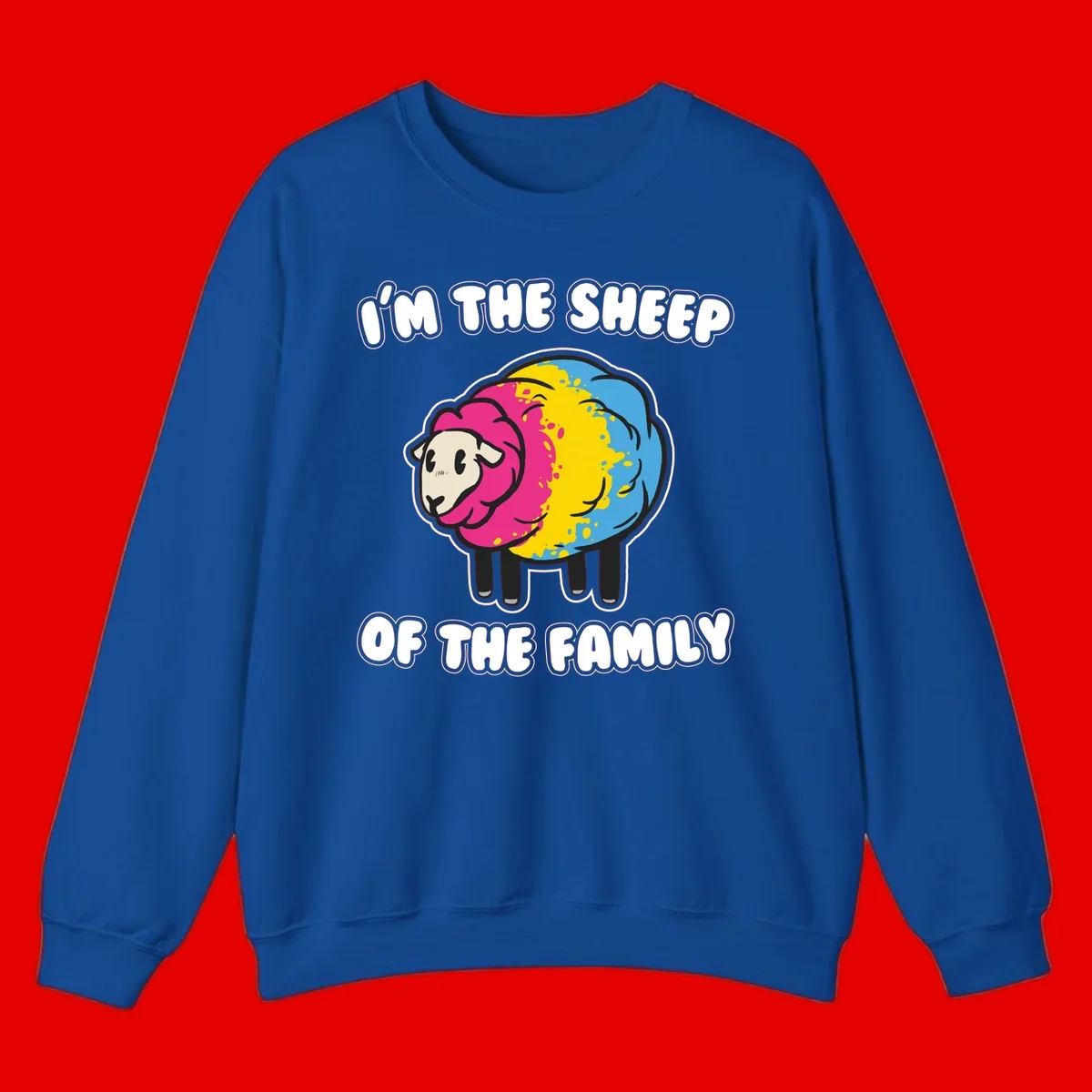 Colorful cartoon sheep with rainbow wool and text 'I'm the sheep of the family' - humorous family joke design