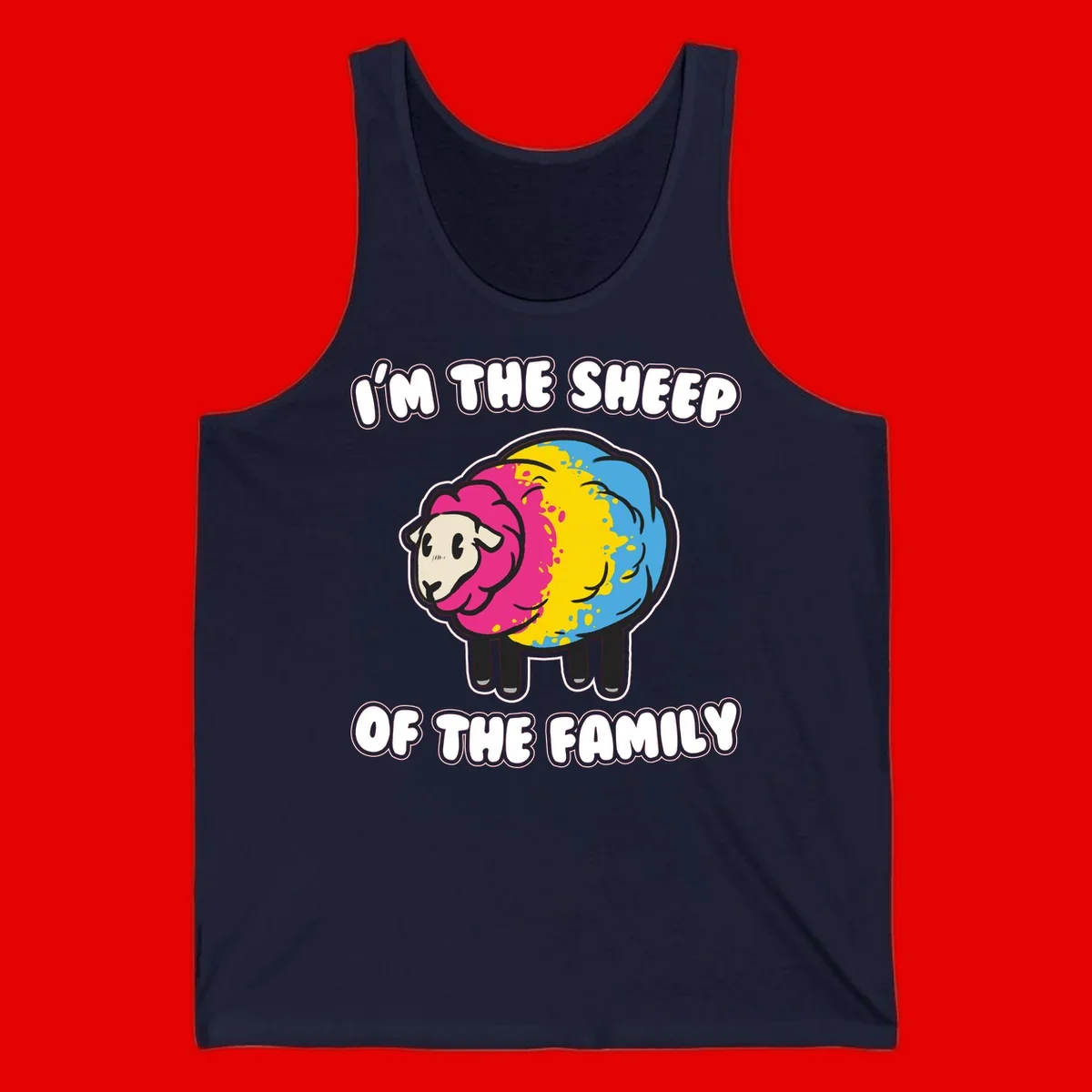 Colorful cartoon sheep with rainbow wool and text 'I'm the sheep of the family' - humorous family joke design