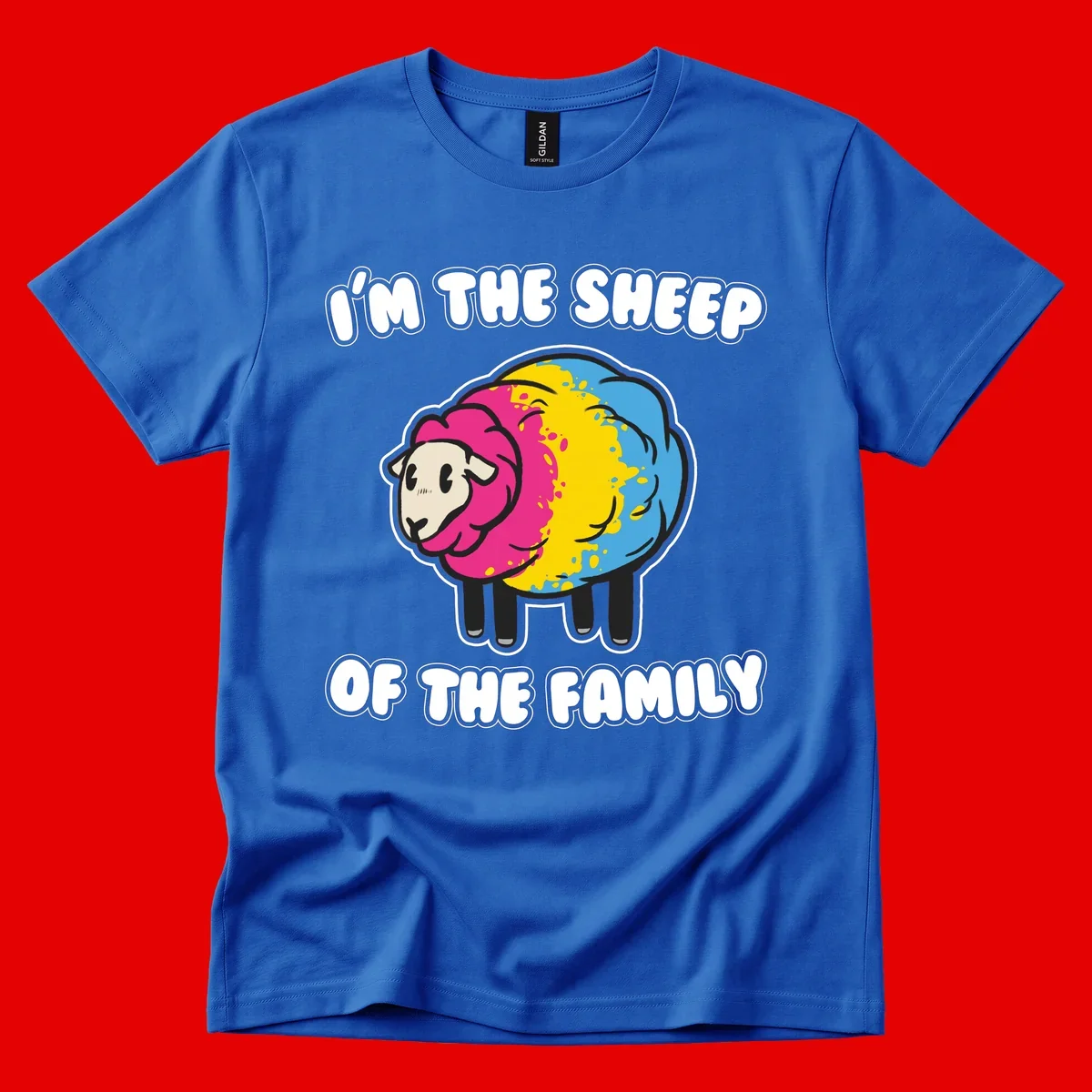 Colorful cartoon sheep with rainbow wool and text 'I'm the sheep of the family' - humorous family joke design