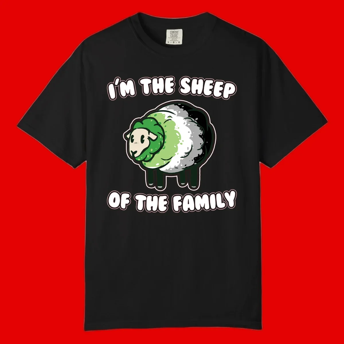 Cartoon sheep with fluffy multi-colored wool and cute face, with text reading 'I'm the sheep of the family'