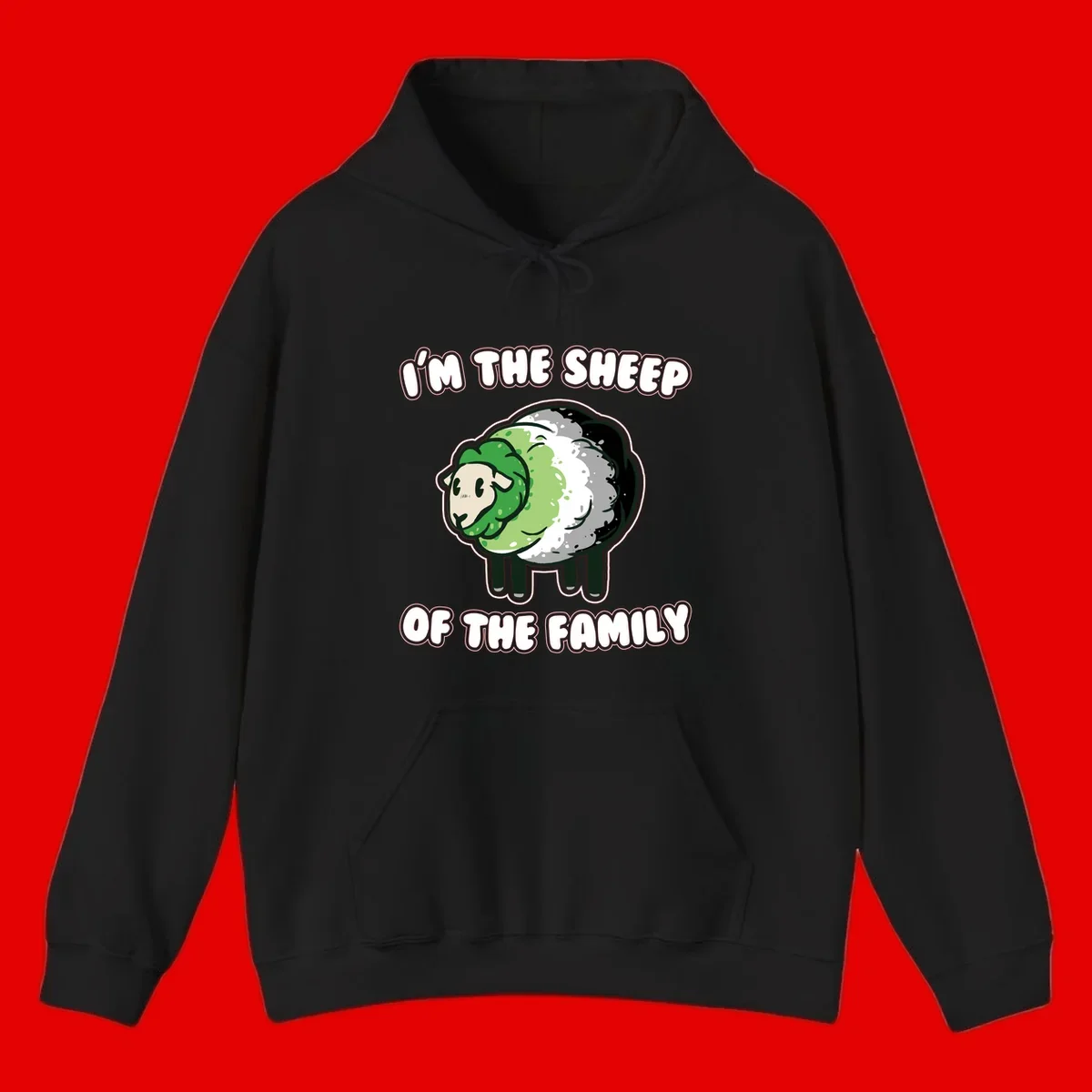 Cartoon sheep with fluffy multi-colored wool and cute face, with text reading 'I'm the sheep of the family'