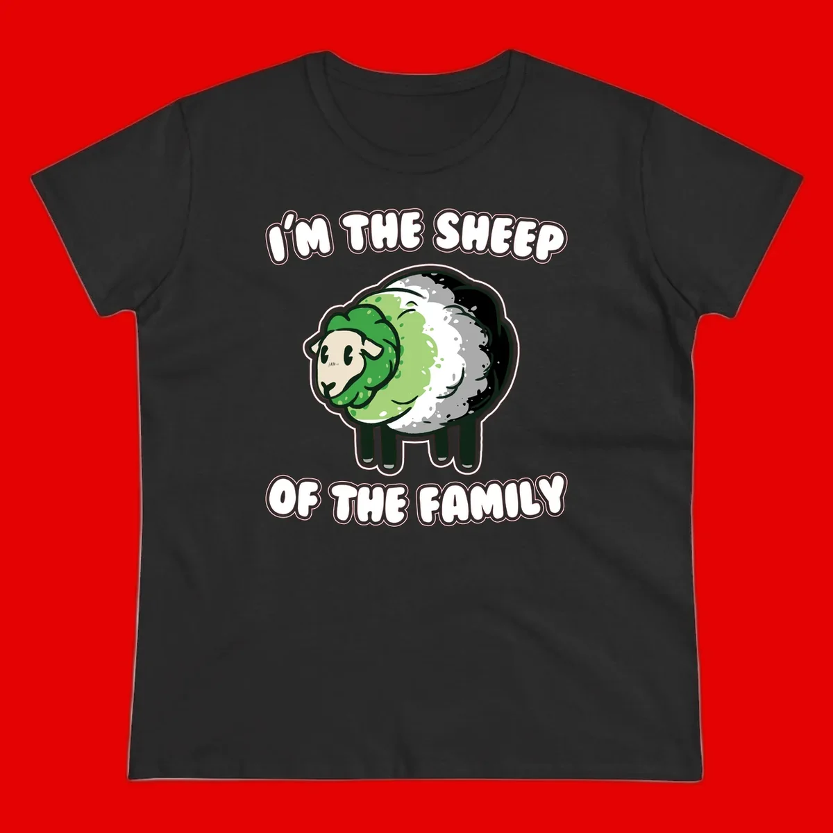 Cartoon sheep with fluffy multi-colored wool and cute face, with text reading 'I'm the sheep of the family'