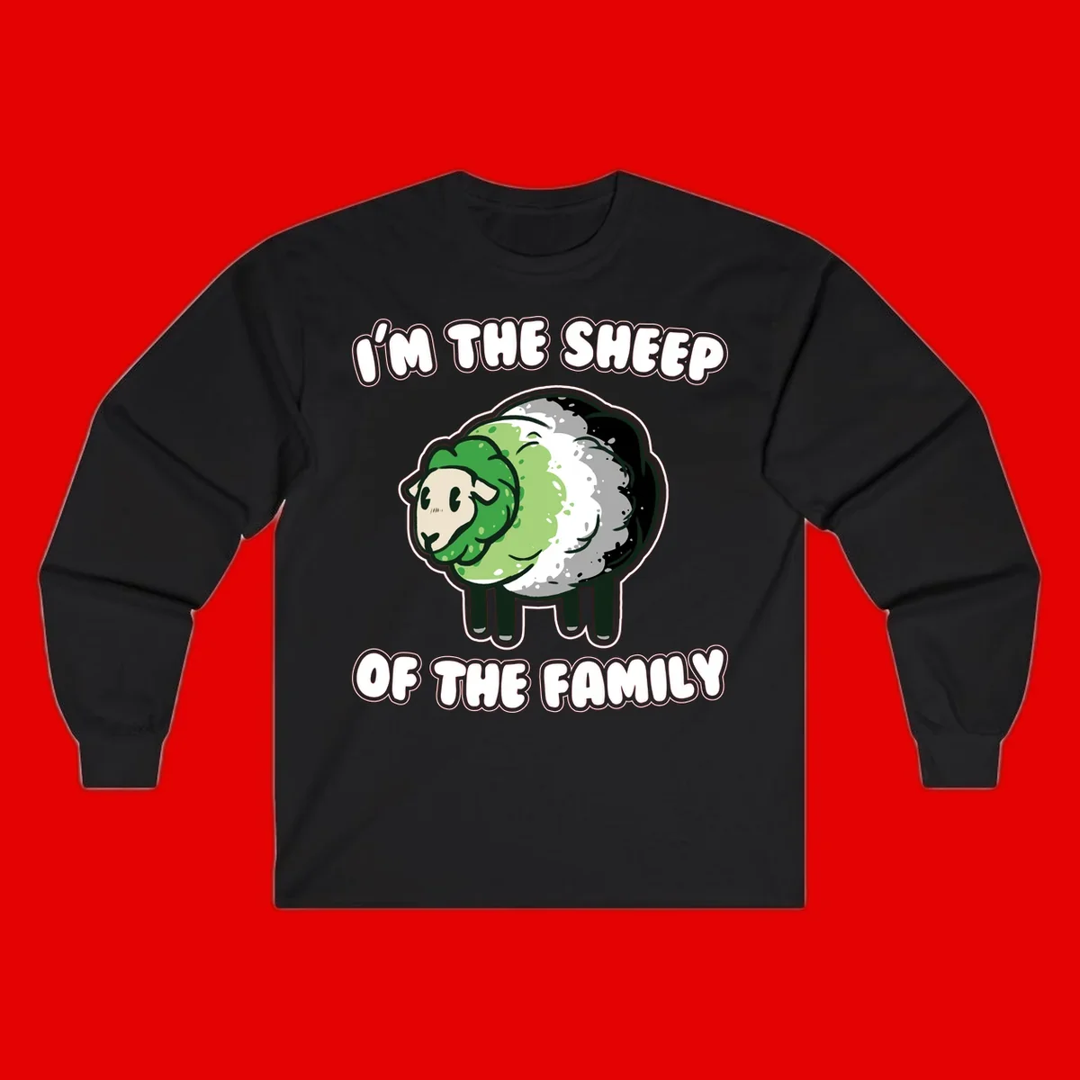Cartoon sheep with fluffy multi-colored wool and cute face, with text reading 'I'm the sheep of the family'