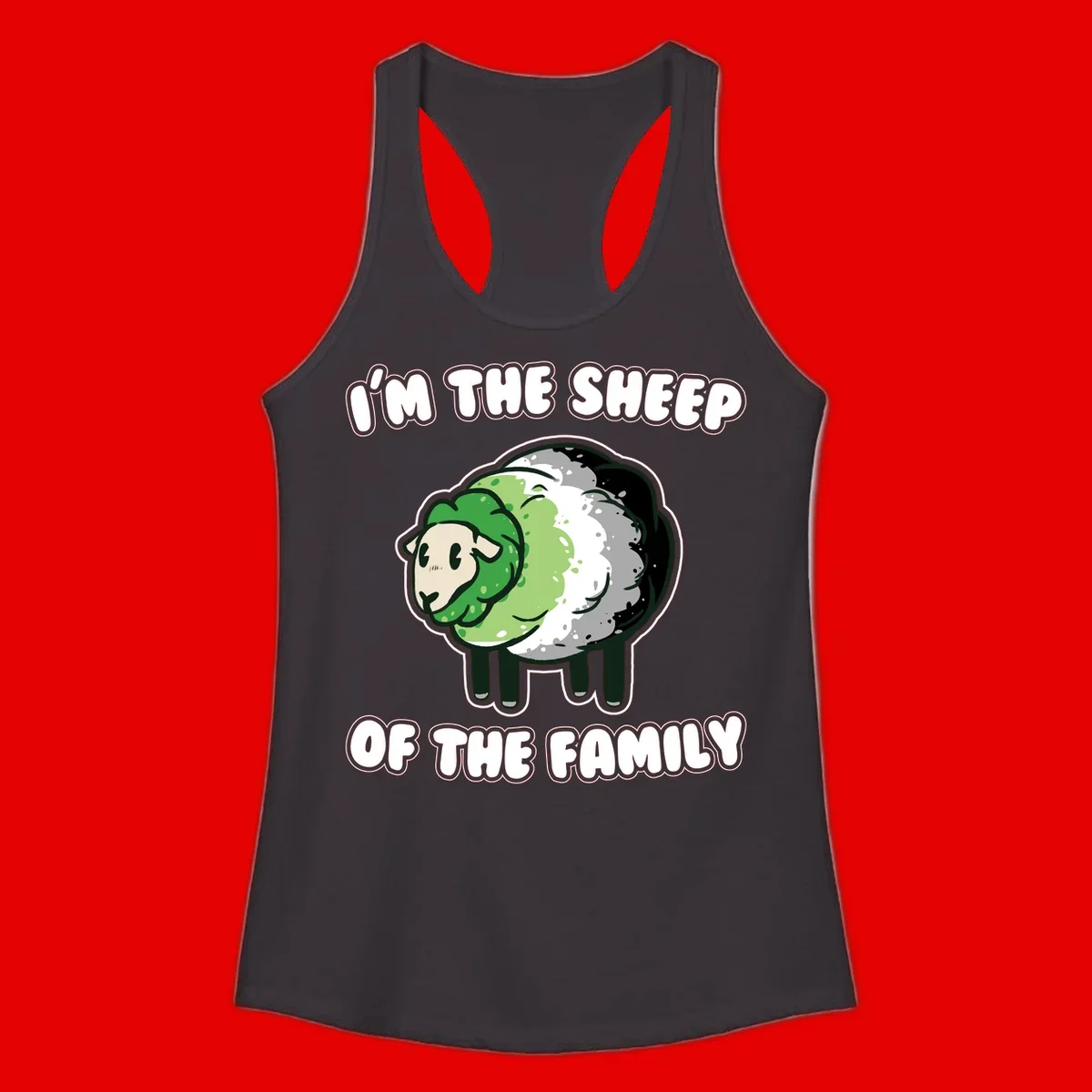 Cartoon sheep with fluffy multi-colored wool and cute face, with text reading 'I'm the sheep of the family'