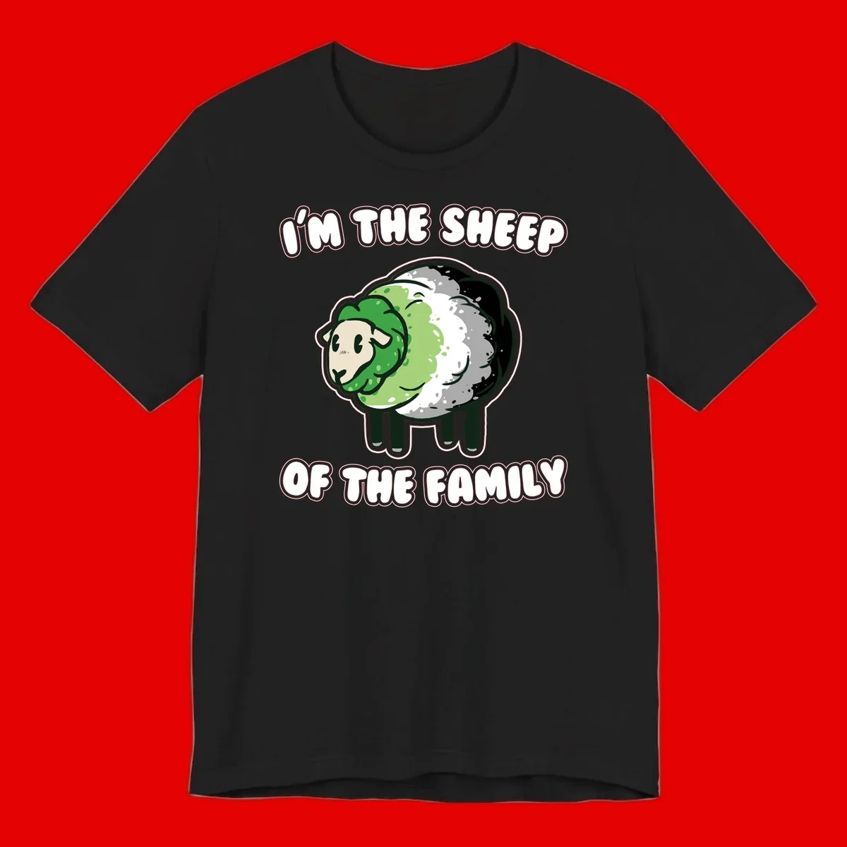 Cartoon sheep with fluffy multi-colored wool and cute face, with text reading 'I'm the sheep of the family'
