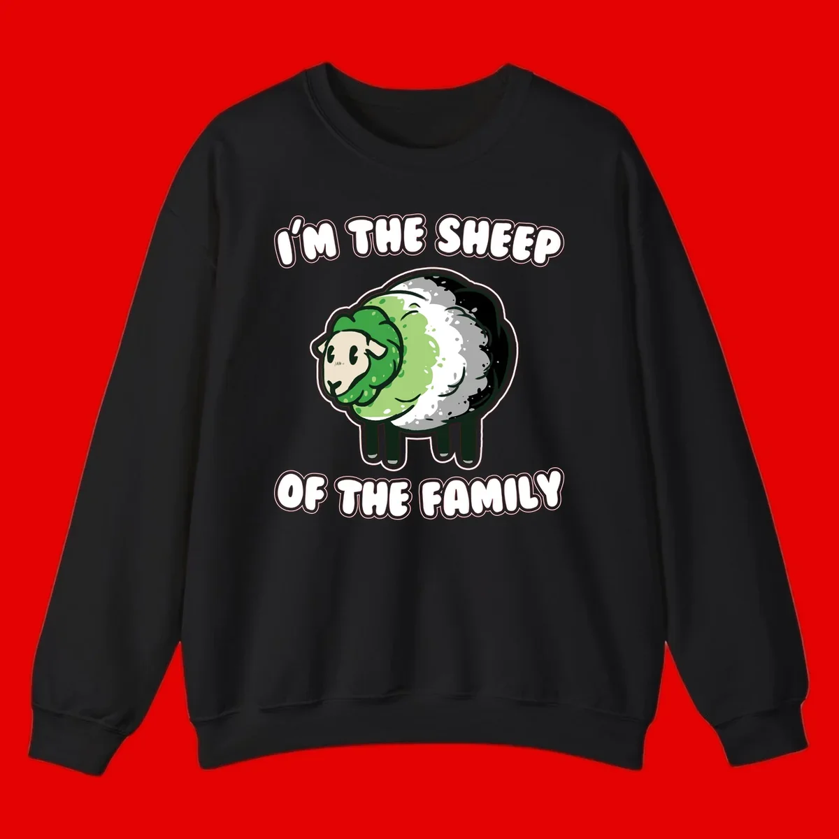 Cartoon sheep with fluffy multi-colored wool and cute face, with text reading 'I'm the sheep of the family'