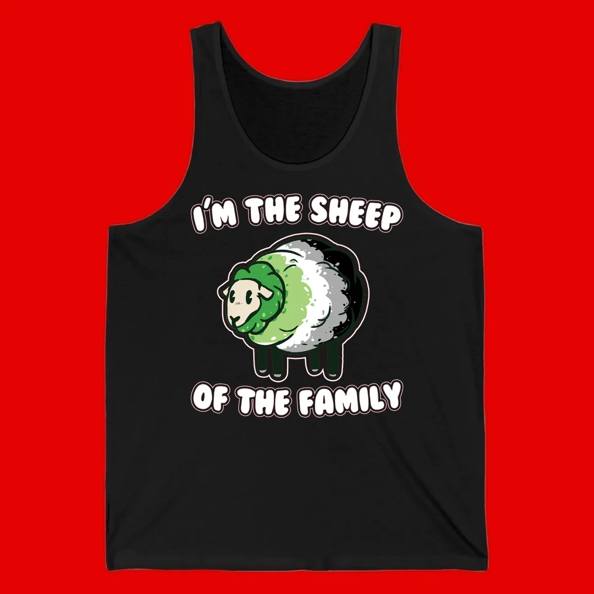 Cartoon sheep with fluffy multi-colored wool and cute face, with text reading 'I'm the sheep of the family'