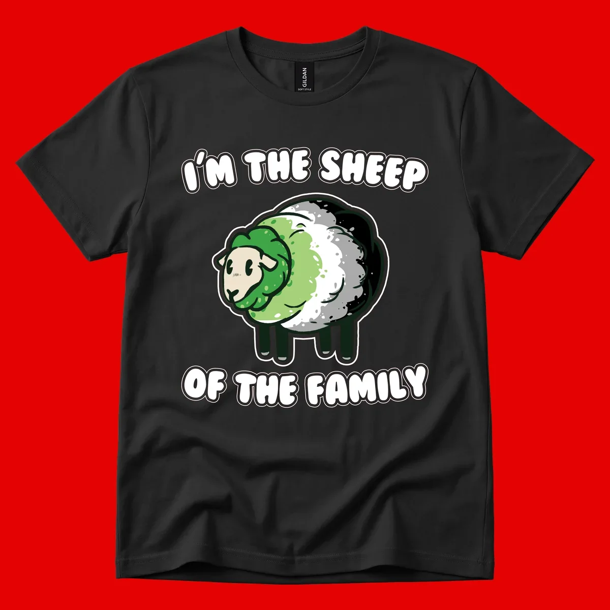Cartoon sheep with fluffy multi-colored wool and cute face, with text reading 'I'm the sheep of the family'