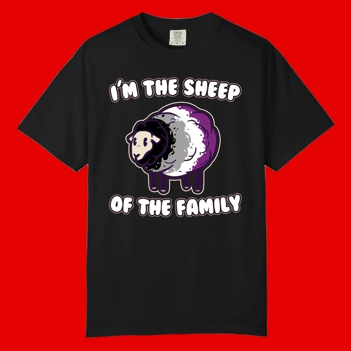 Cartoon purple and white sheep with text 'I'm the sheep of the family' - humorous family dynamic design