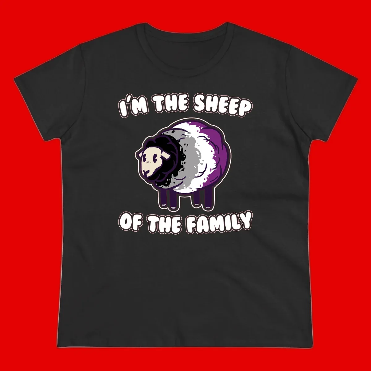 Cartoon purple and white sheep with text 'I'm the sheep of the family' - humorous family dynamic design