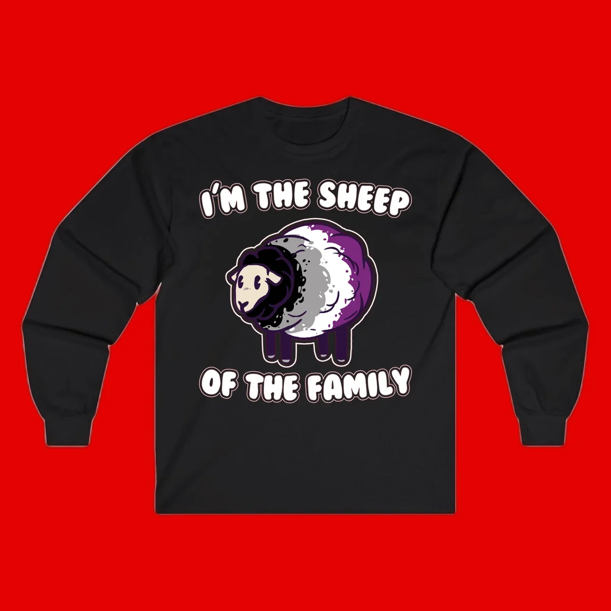 Cartoon purple and white sheep with text 'I'm the sheep of the family' - humorous family dynamic design