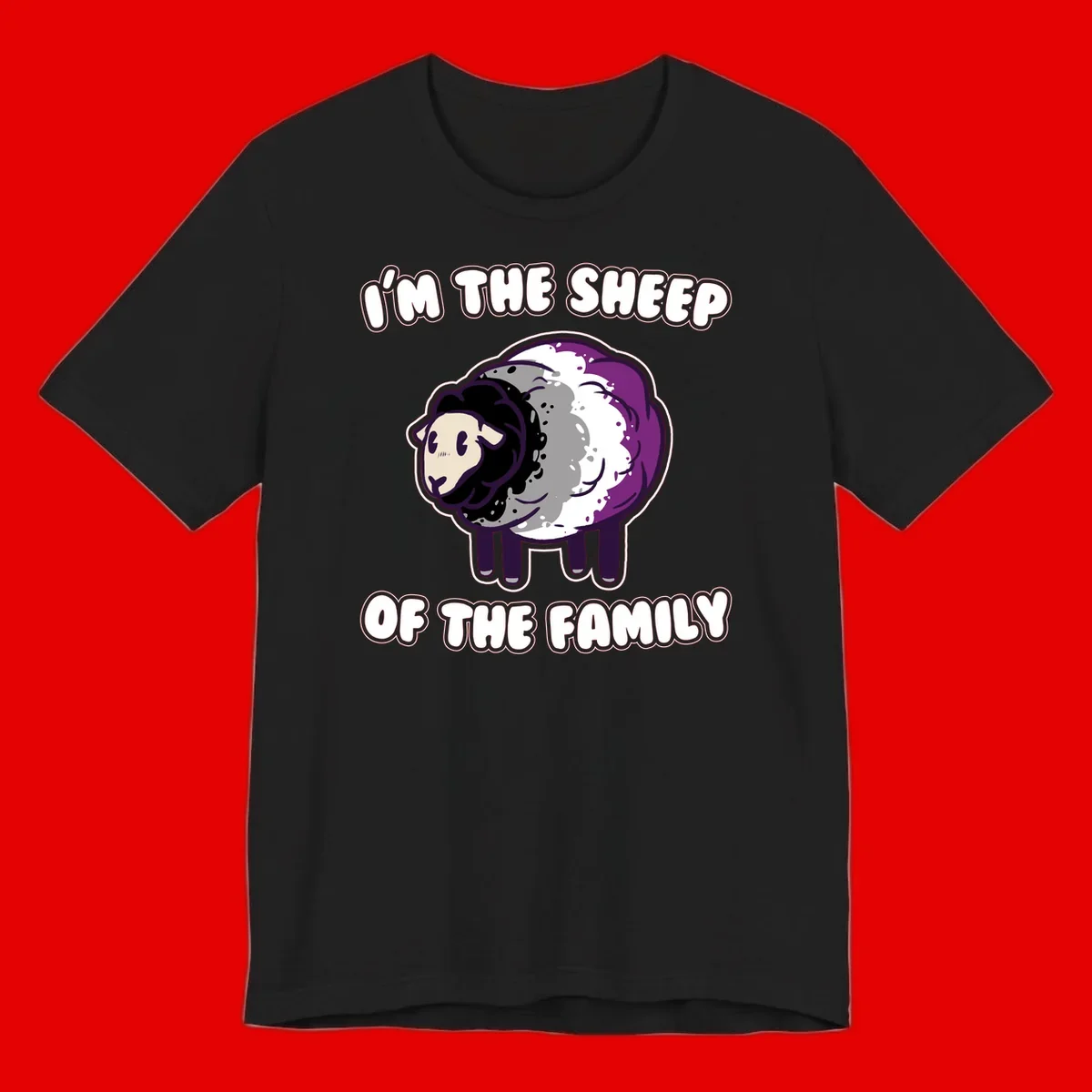 Cartoon purple and white sheep with text 'I'm the sheep of the family' - humorous family dynamic design