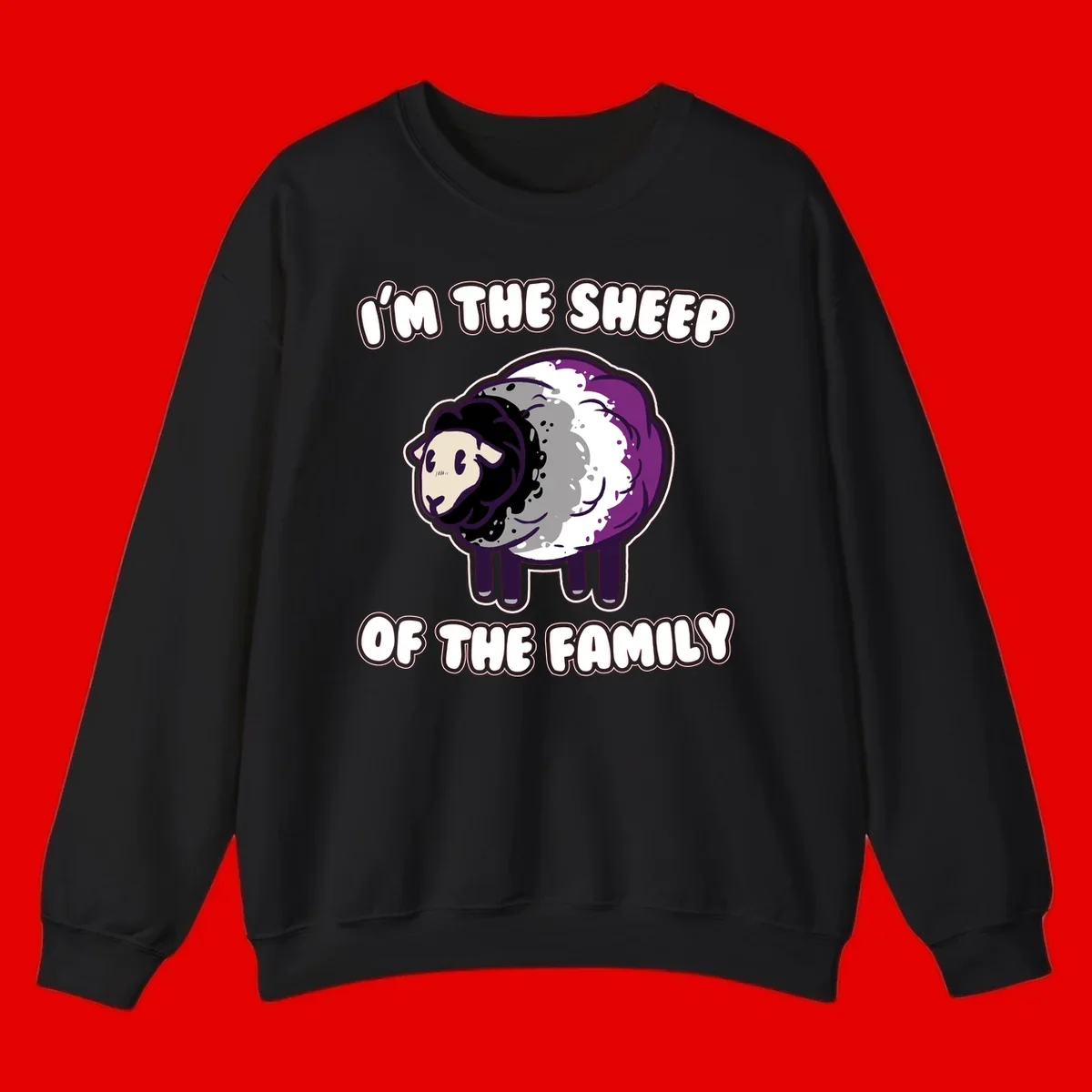 Cartoon purple and white sheep with text 'I'm the sheep of the family' - humorous family dynamic design