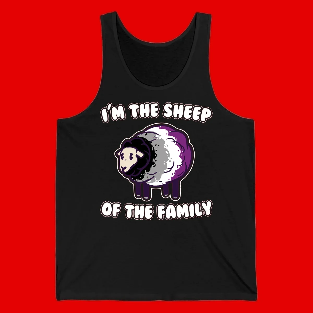 Cartoon purple and white sheep with text 'I'm the sheep of the family' - humorous family dynamic design
