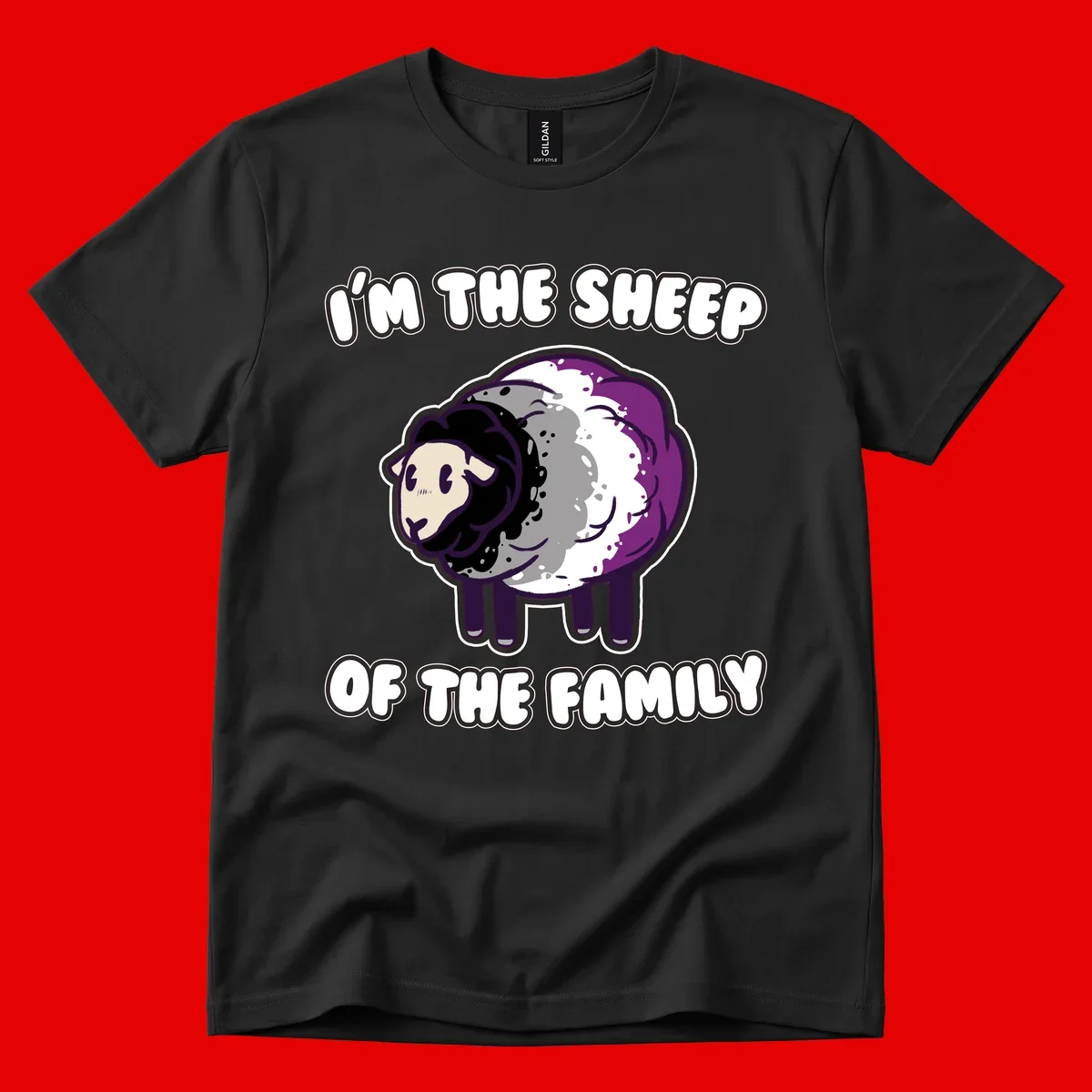 Cartoon purple and white sheep with text 'I'm the sheep of the family' - humorous family dynamic design