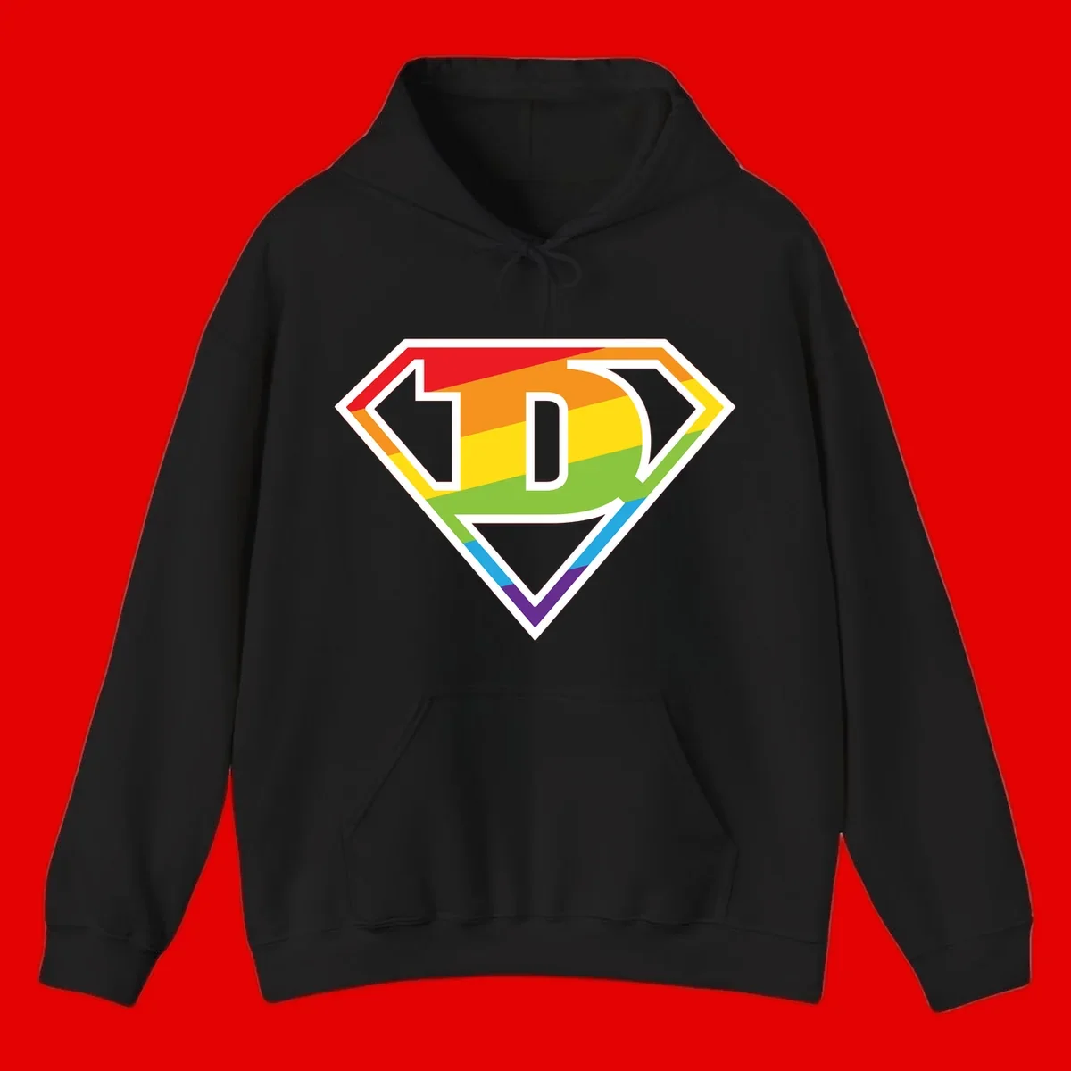 Rainbow pride shield with letter D centered, featuring red, orange, yellow, green, blue, and purple horizontal stripes with white chevron borders