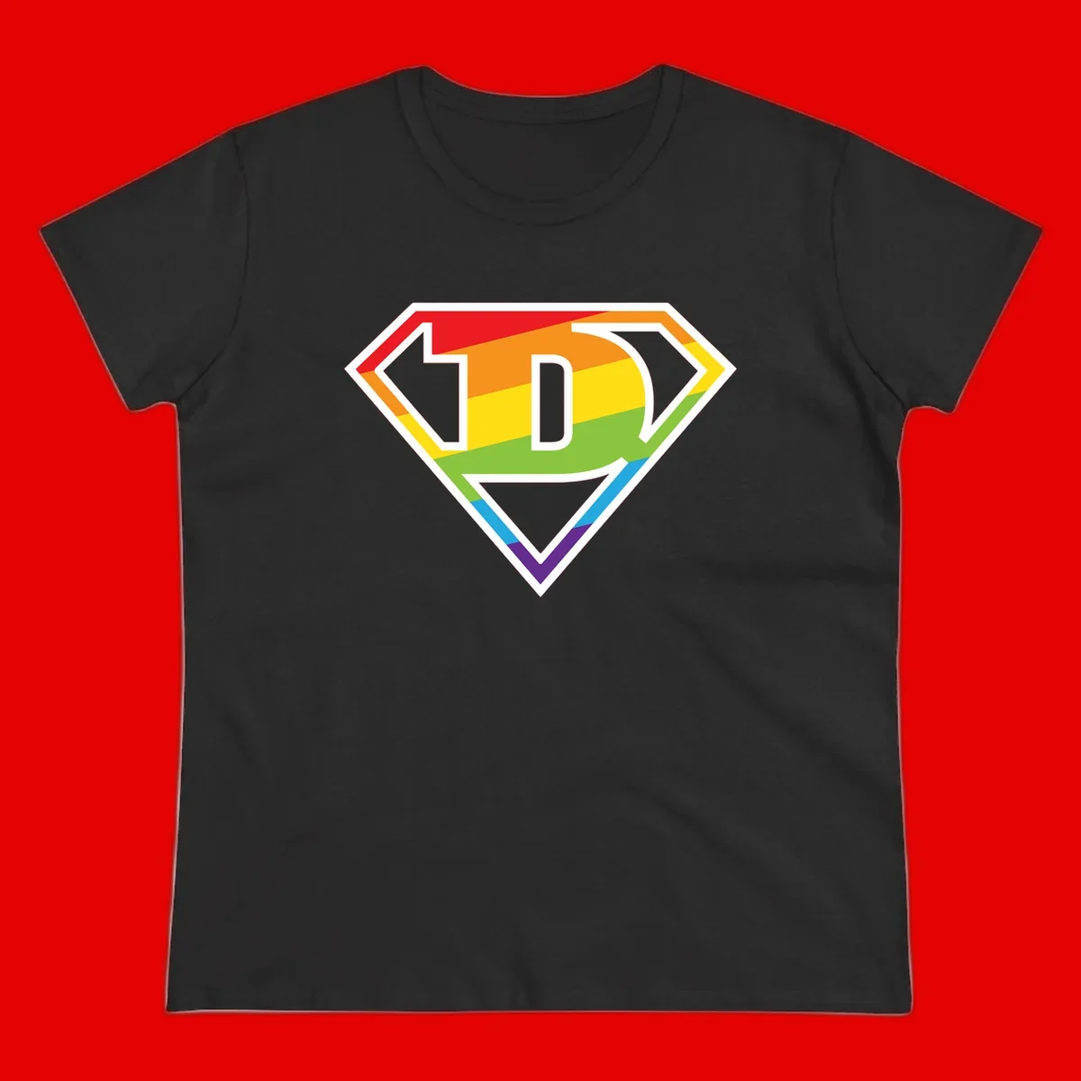 Rainbow pride shield with letter D centered, featuring red, orange, yellow, green, blue, and purple horizontal stripes with white chevron borders