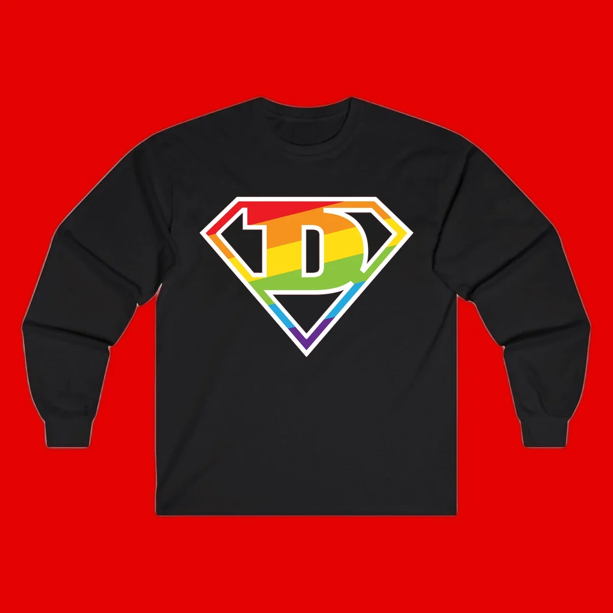 Rainbow pride shield with letter D centered, featuring red, orange, yellow, green, blue, and purple horizontal stripes with white chevron borders