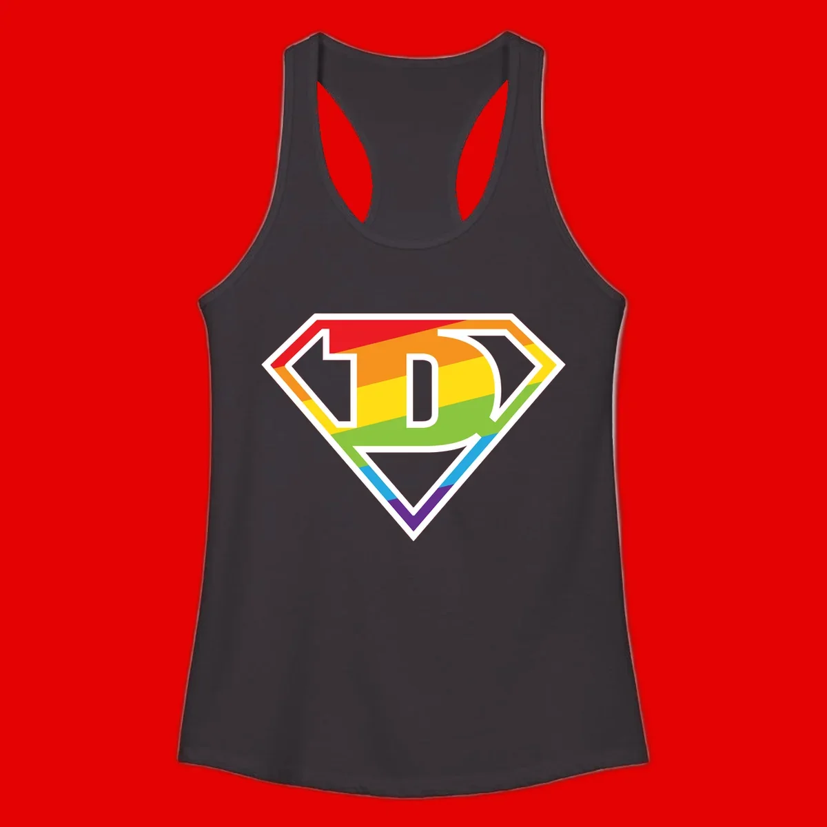 Rainbow pride shield with letter D centered, featuring red, orange, yellow, green, blue, and purple horizontal stripes with white chevron borders