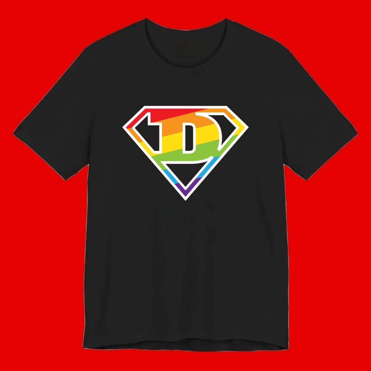 Rainbow pride shield with letter D centered, featuring red, orange, yellow, green, blue, and purple horizontal stripes with white chevron borders
