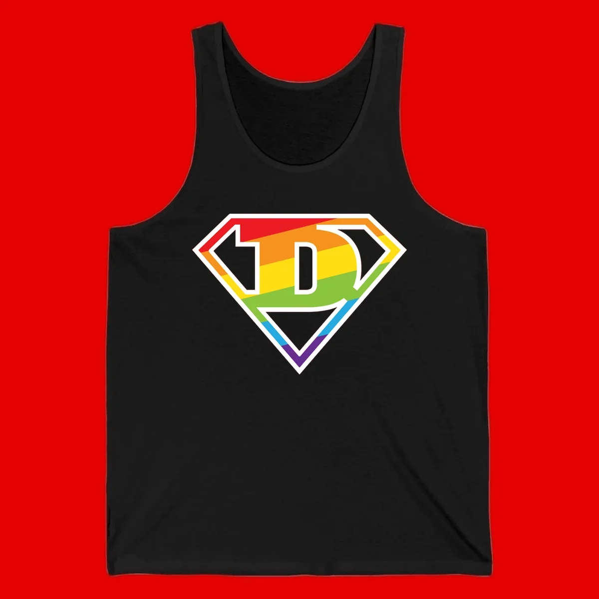 Rainbow pride shield with letter D centered, featuring red, orange, yellow, green, blue, and purple horizontal stripes with white chevron borders