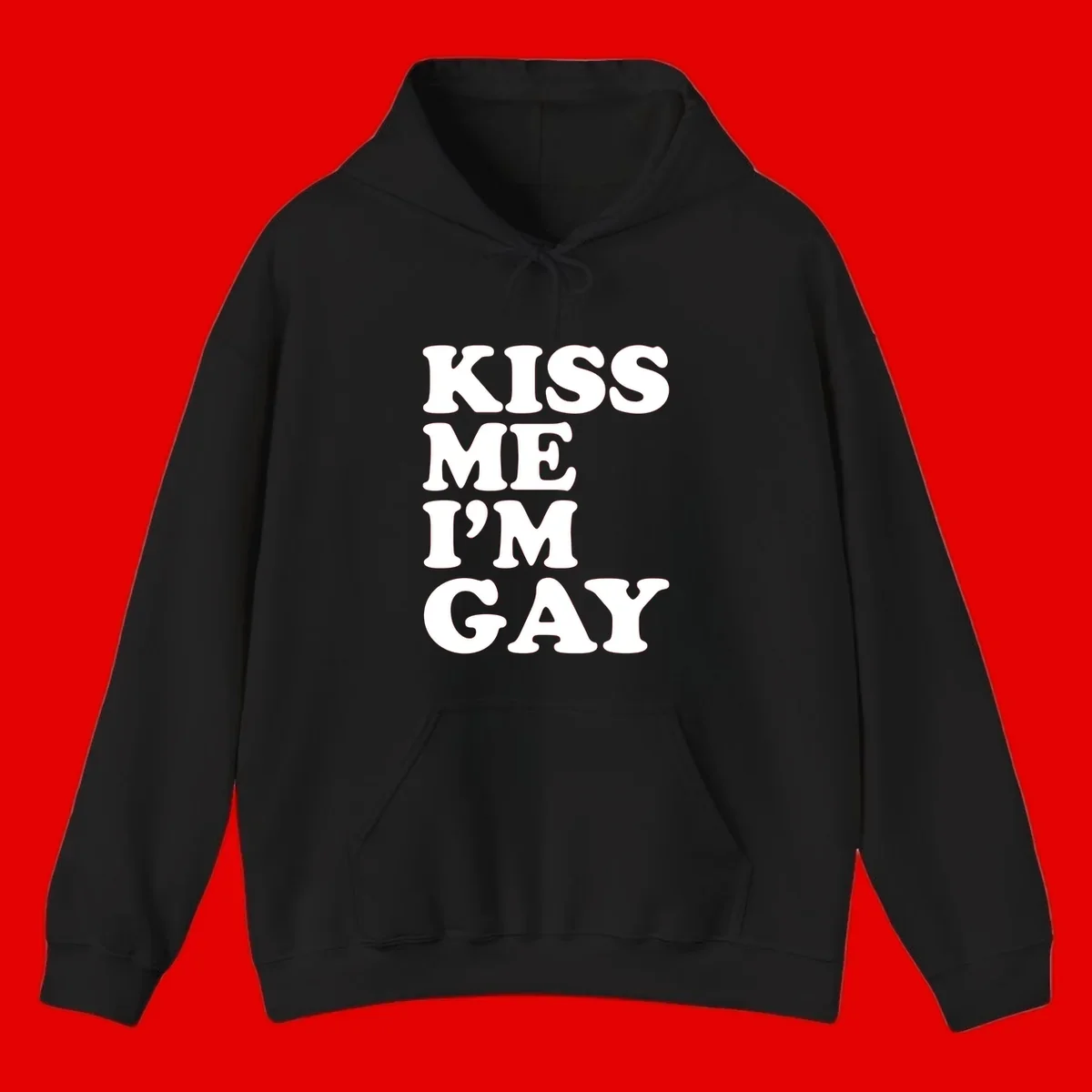 Bold white block letters spelling 'KISS ME I'M GAY' stacked vertically on gray background