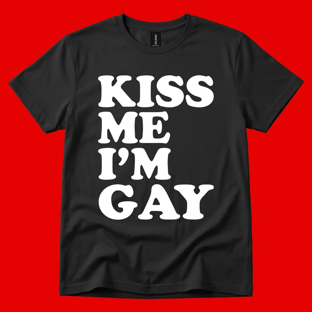 Bold white block letters spelling 'KISS ME I'M GAY' stacked vertically on gray background