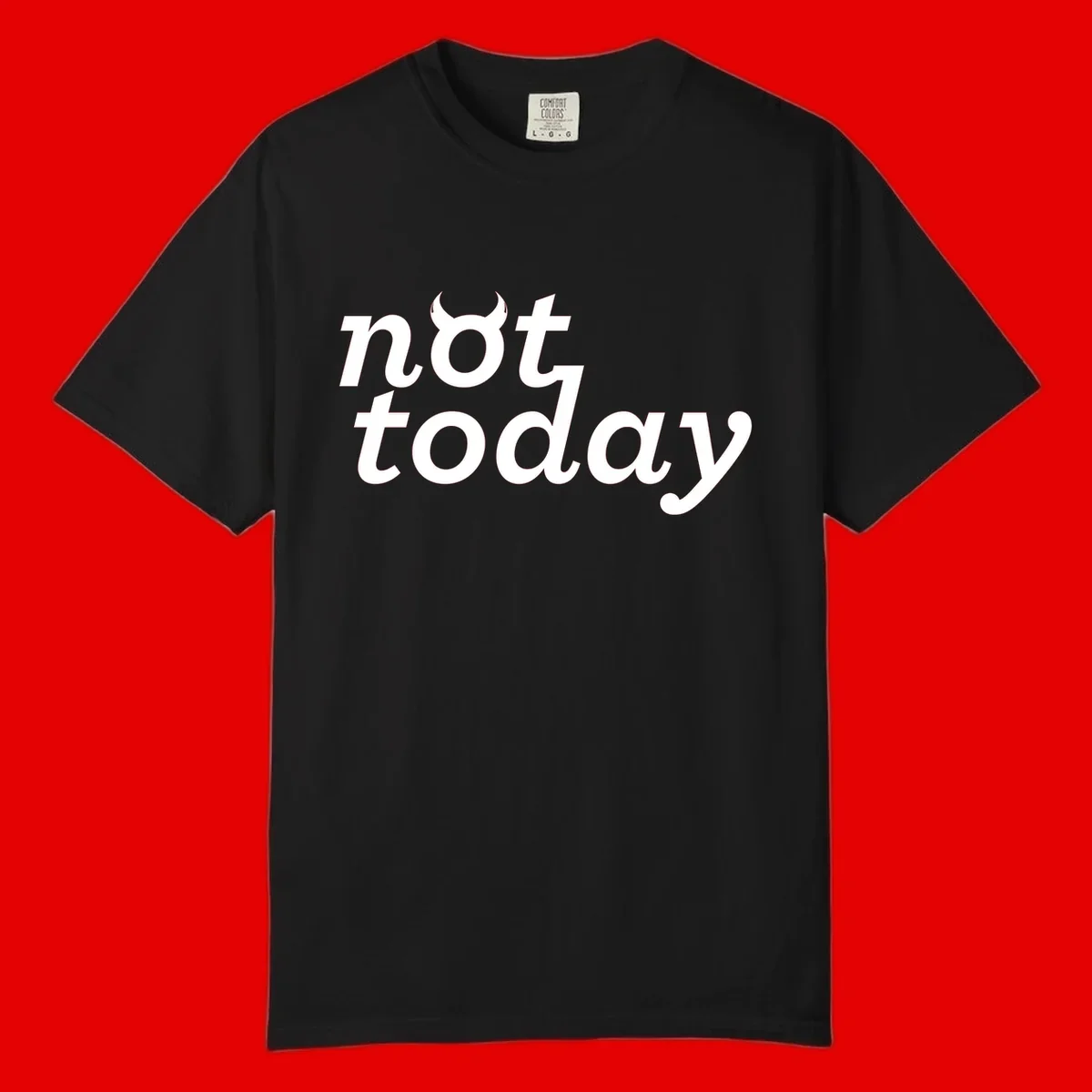 White text reading 'not toddaly' with devil horns above on gray background, playful typography design