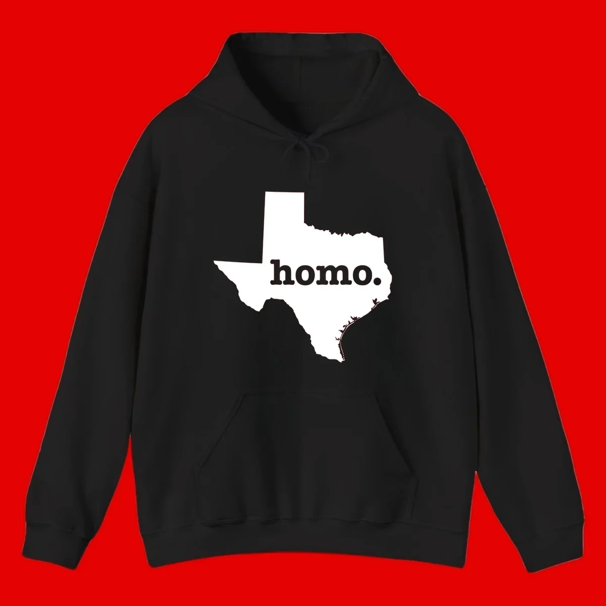 White Texas state silhouette with 'homo.' text overlay on gray background, homo-texas-pride design