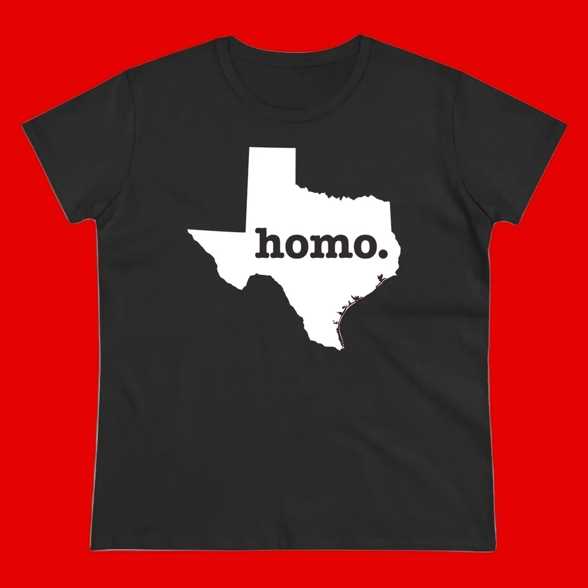 White Texas state silhouette with 'homo.' text overlay on gray background, homo-texas-pride design