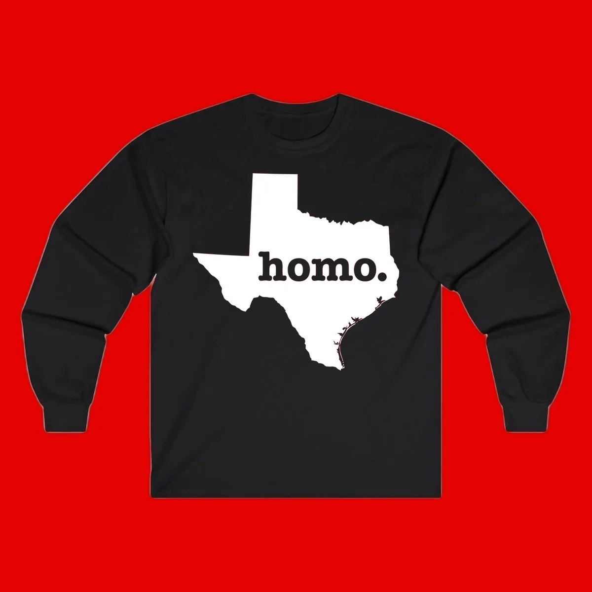 White Texas state silhouette with 'homo.' text overlay on gray background, homo-texas-pride design