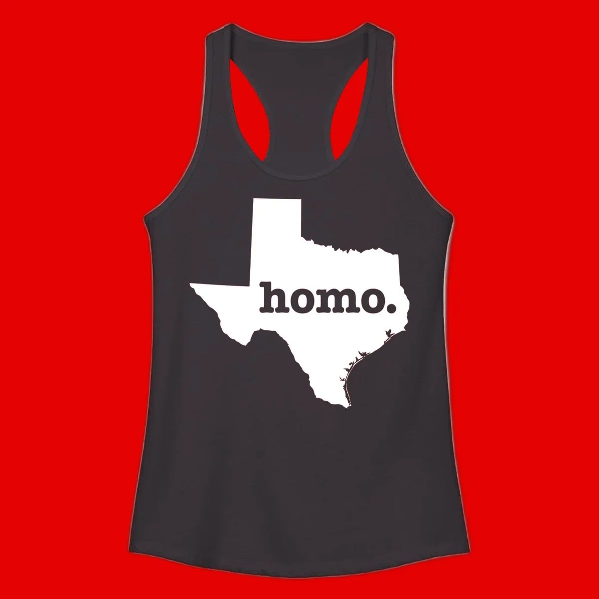White Texas state silhouette with 'homo.' text overlay on gray background, homo-texas-pride design
