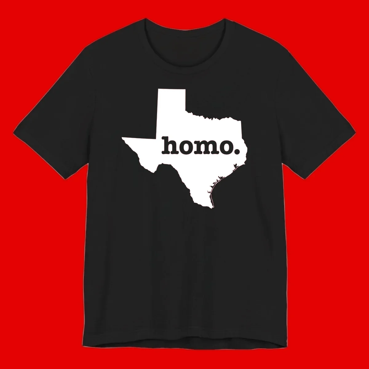 White Texas state silhouette with 'homo.' text overlay on gray background, homo-texas-pride design