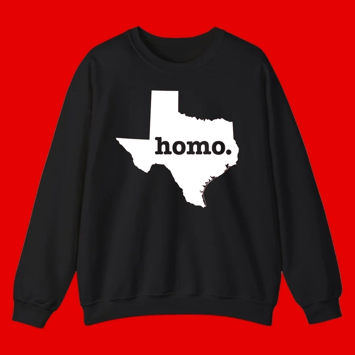 White Texas state silhouette with 'homo.' text overlay on gray background, homo-texas-pride design