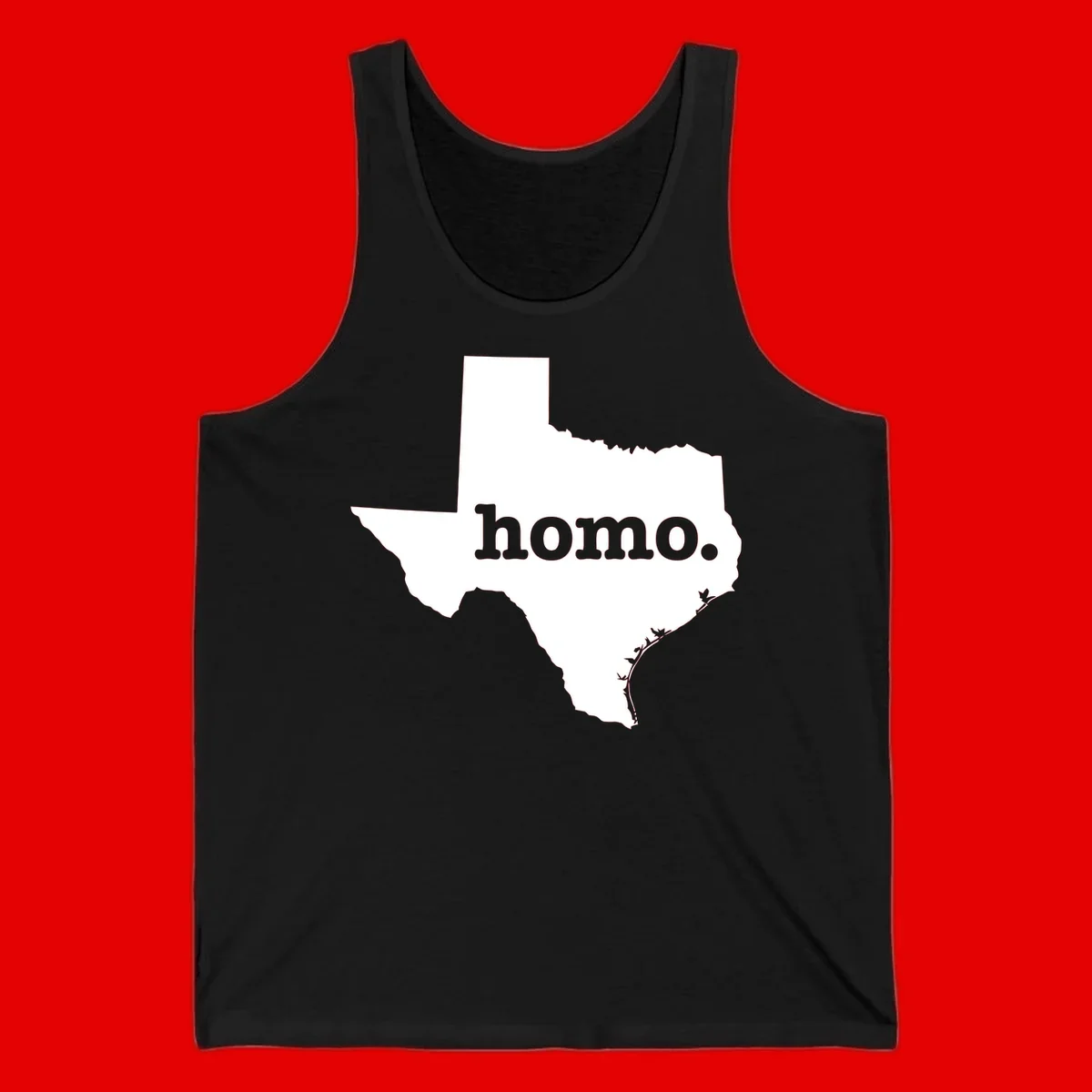 White Texas state silhouette with 'homo.' text overlay on gray background, homo-texas-pride design