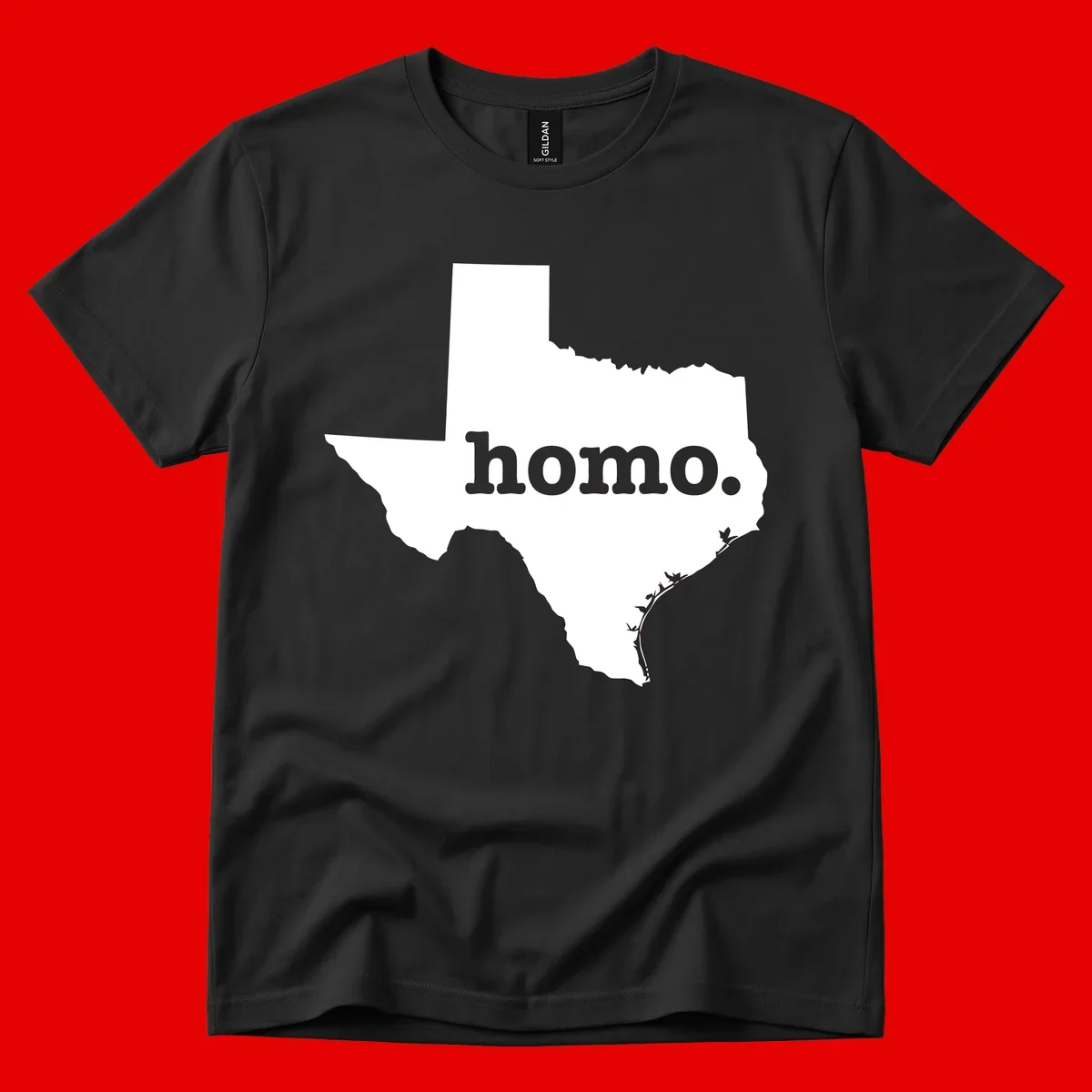 White Texas state silhouette with 'homo.' text overlay on gray background, homo-texas-pride design