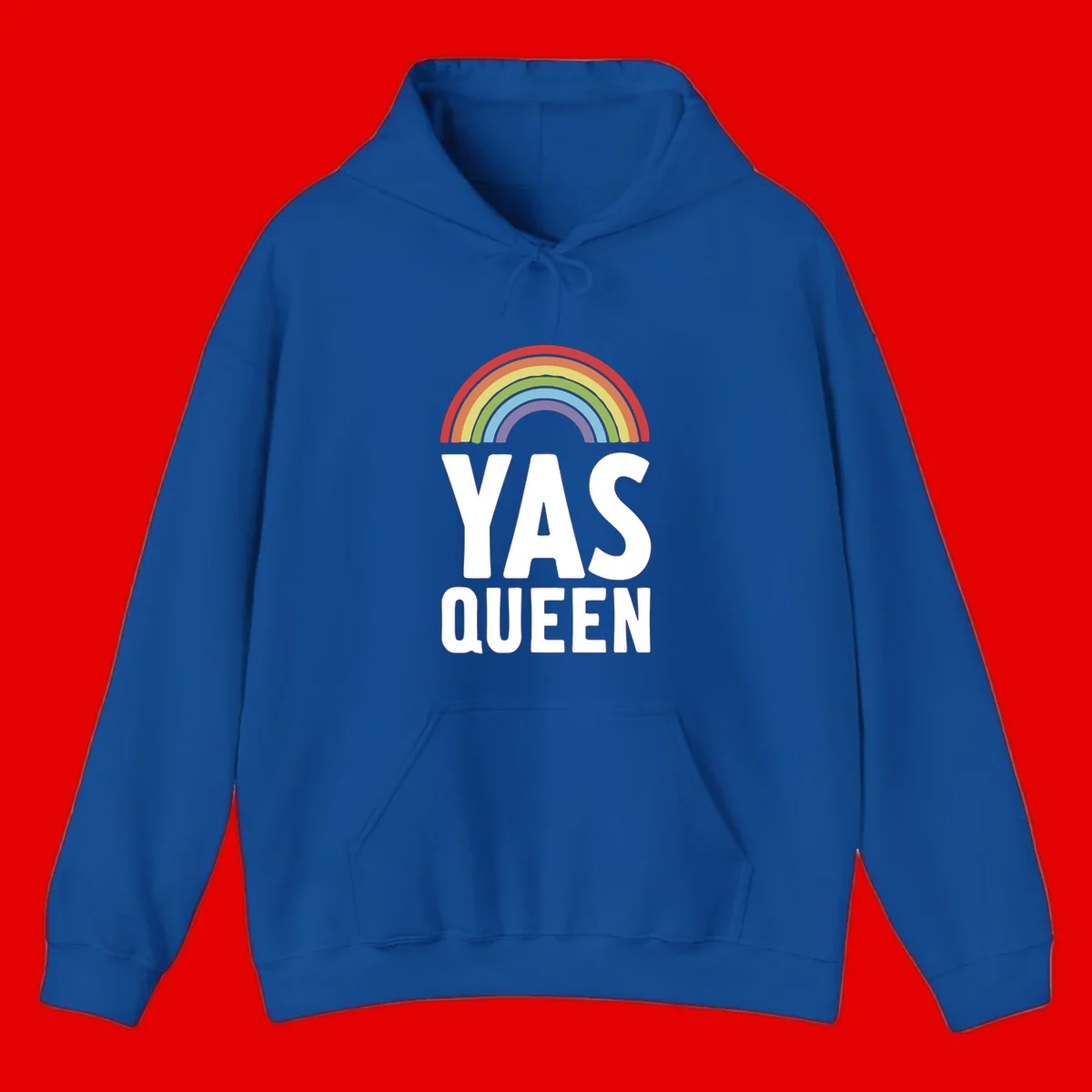 Yas queen pride rainbow design with colorful arc and bold white lettering on gray background