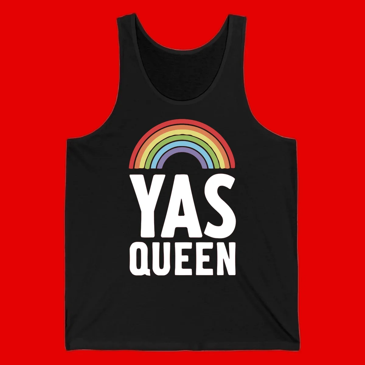 Yas queen pride rainbow design with colorful arc and bold white lettering on gray background