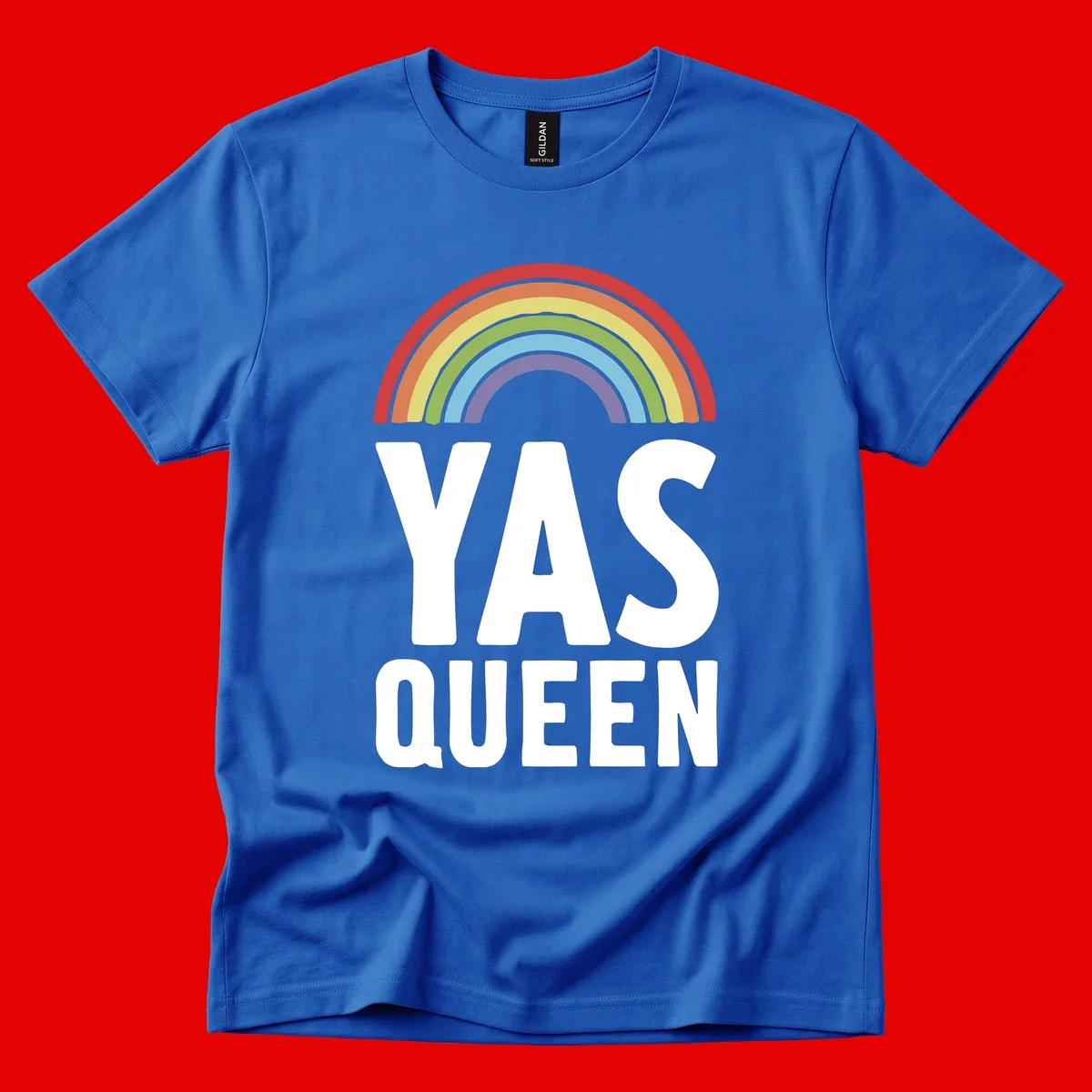 Yas queen pride rainbow design with colorful arc and bold white lettering on gray background